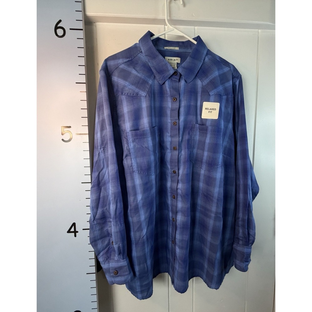 Ariat Blue Jean Work Shirt Womens 2X Blue Plaid Button Down Relaxed Cowgirl NEW‎